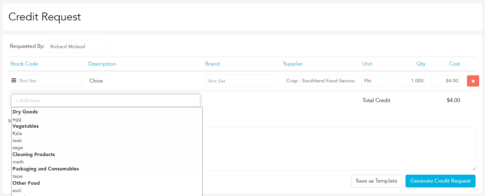 Creating a new credit request in Loaded
