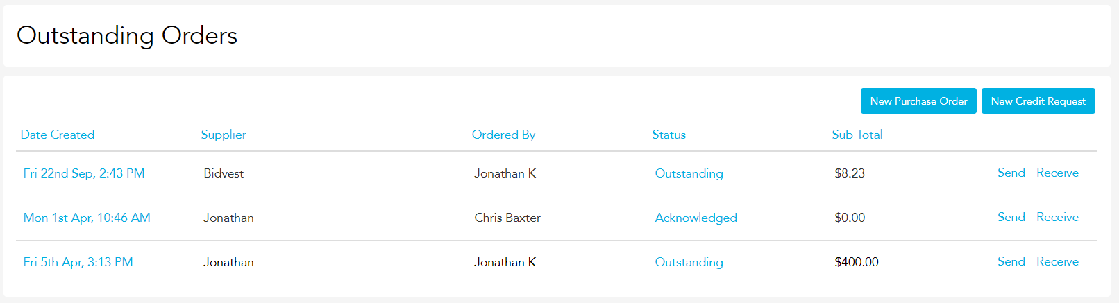 Status column on the Outstanding Orders page showing Sent and Acknowledged