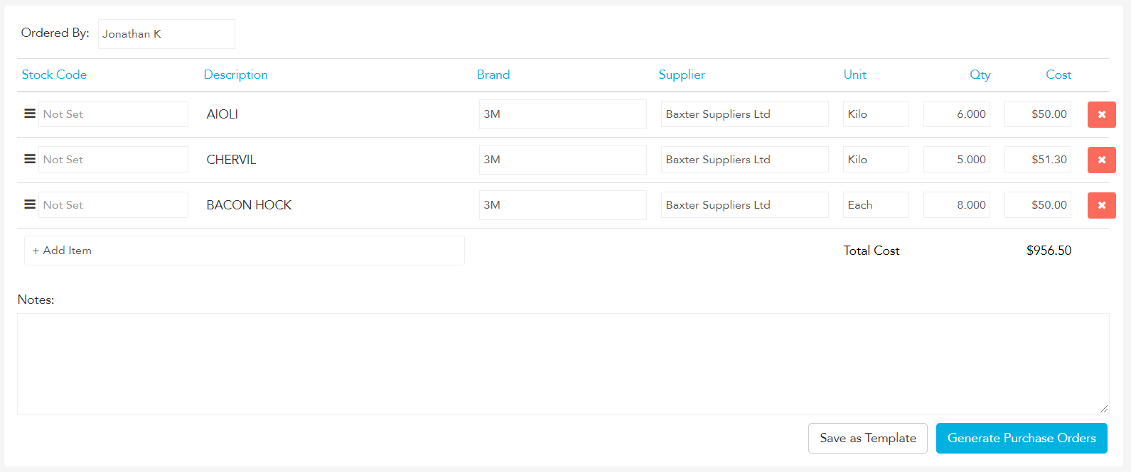 Adding an item to a purchase order and selecting the supplier in Loaded