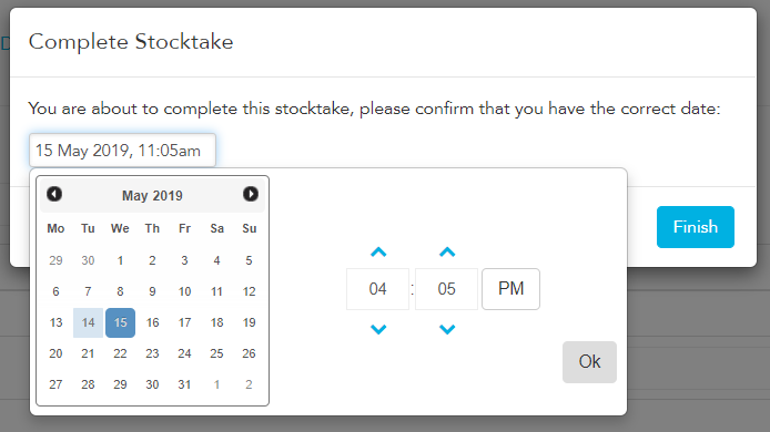 Selecting the date and time to finish a completed stocktake in Loaded
