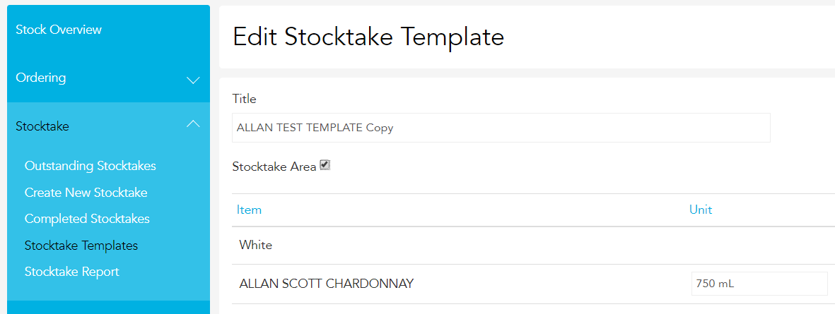 Ticking the Stocktake Area box when creating a template in Loaded