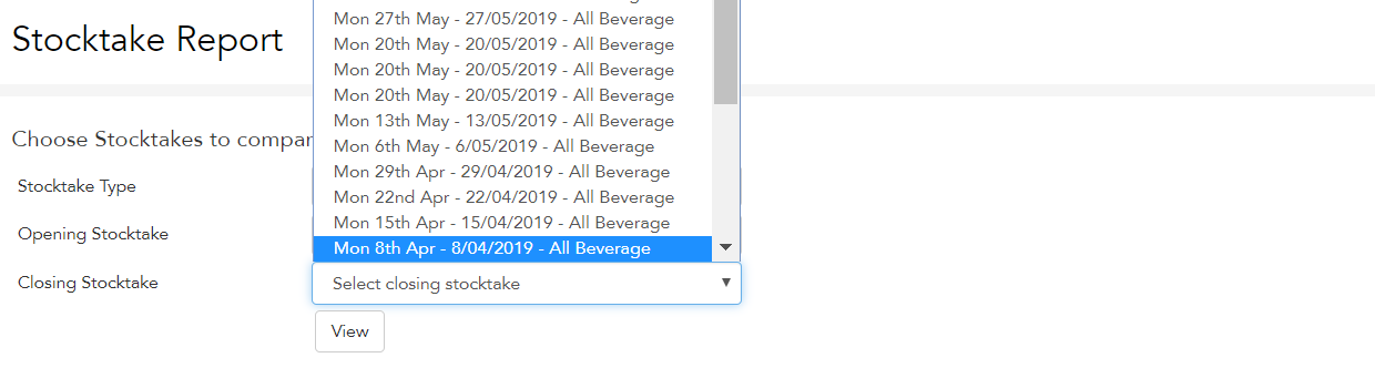 Selecting the closing stocktake in the stocktake report in Loaded