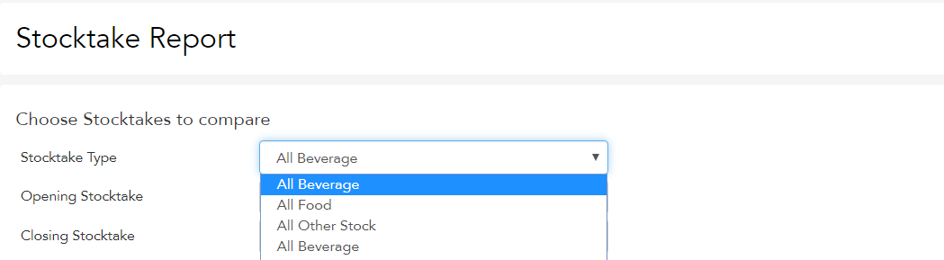 Selecting the stocktake report type from the drop box in Loaded