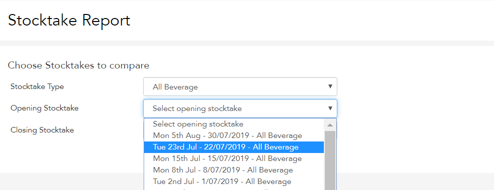 Selecting the opening stocktake in the stocktake report in Loaded