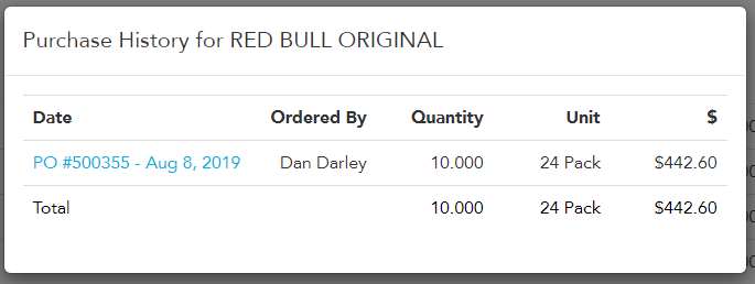 Received column link showing purchase orders for a stock item in Loaded