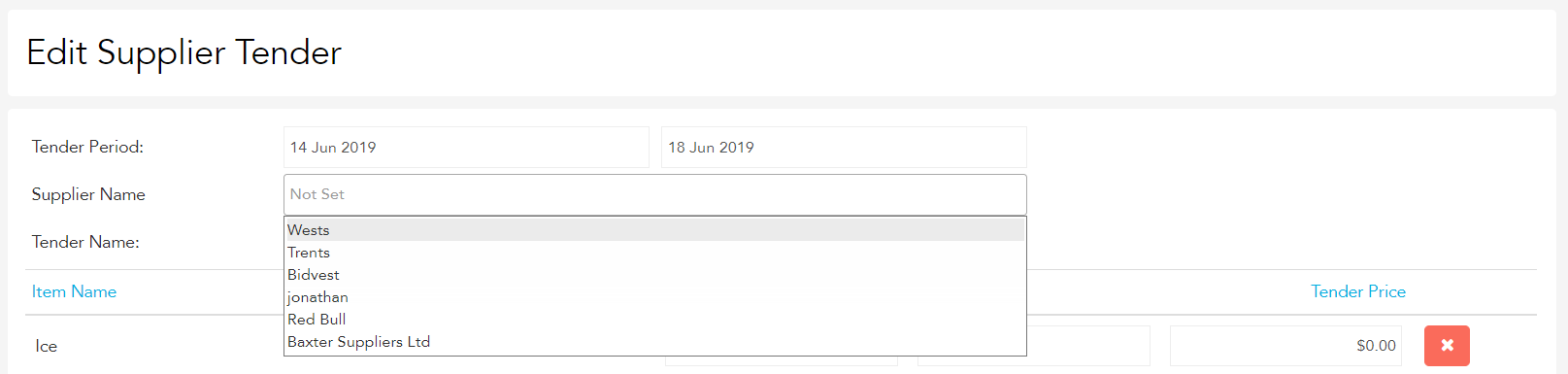 Entering the supplier name when creating a supplier tender in Loaded