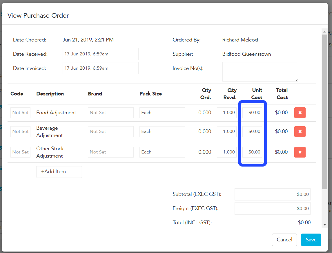 Editing the date received and date invoiced on an adjusting invoice