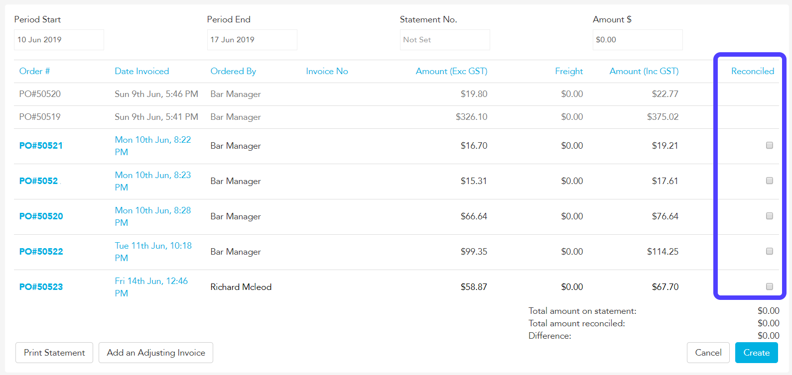 Ticking reconcile checkboxes to match purchase orders to a statement