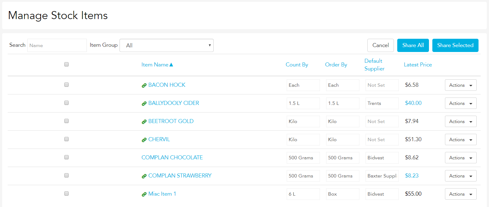 Selecting stock items to share and clicking Share Selected