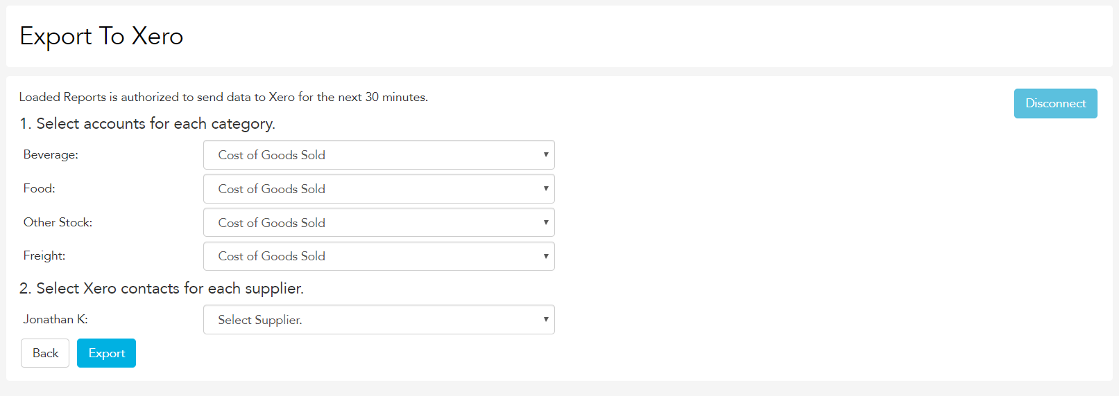 Selecting Xero account codes and contact for a supplier