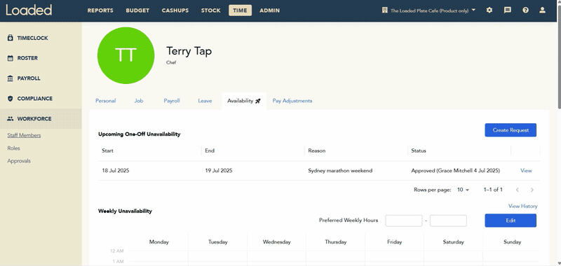 Setting weekly unavailability on a staff member's profile