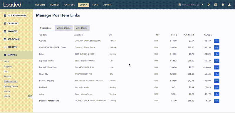 Linking a POS button to a stock item from the POS Item Links page in Stock Manage