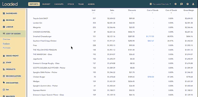 Linking a POS button to a stock item or recipe from the Cost of Goods Products report