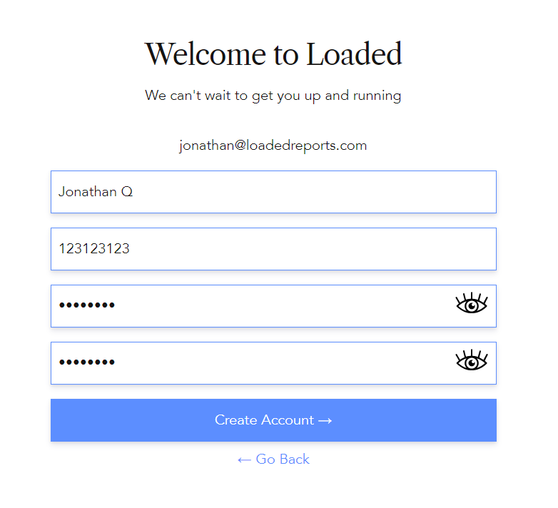 Create Account screen when accepting a Loaded invite