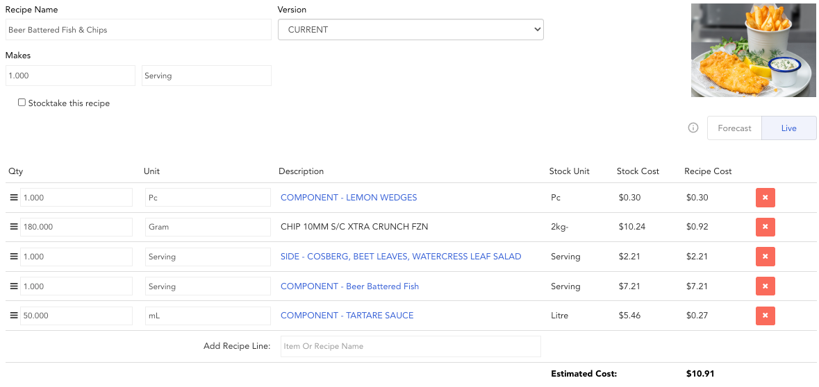 Toggle to view a recipe based on Forecast or Live prices in Loaded