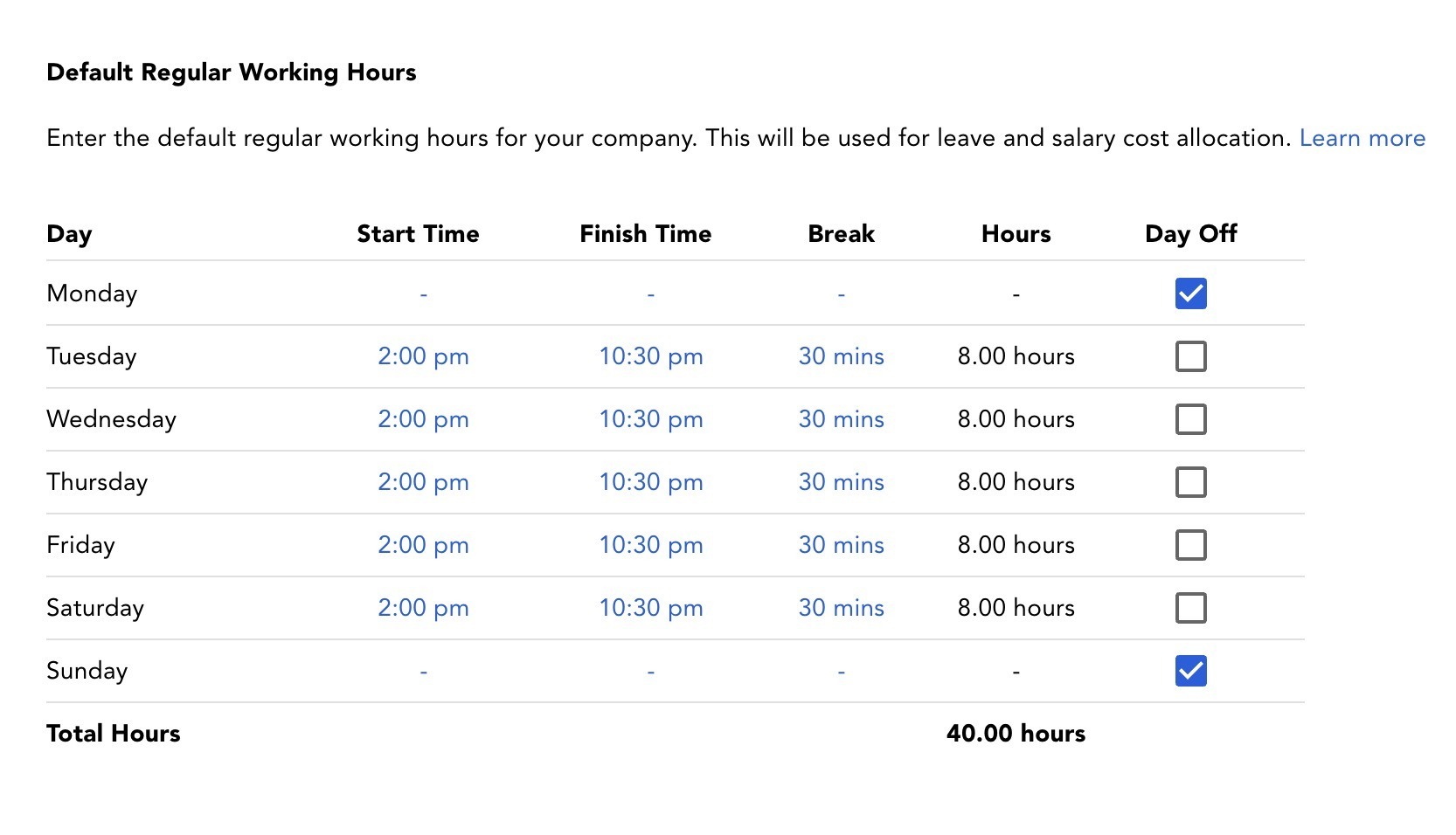 Team settings tab showing default regular working hours