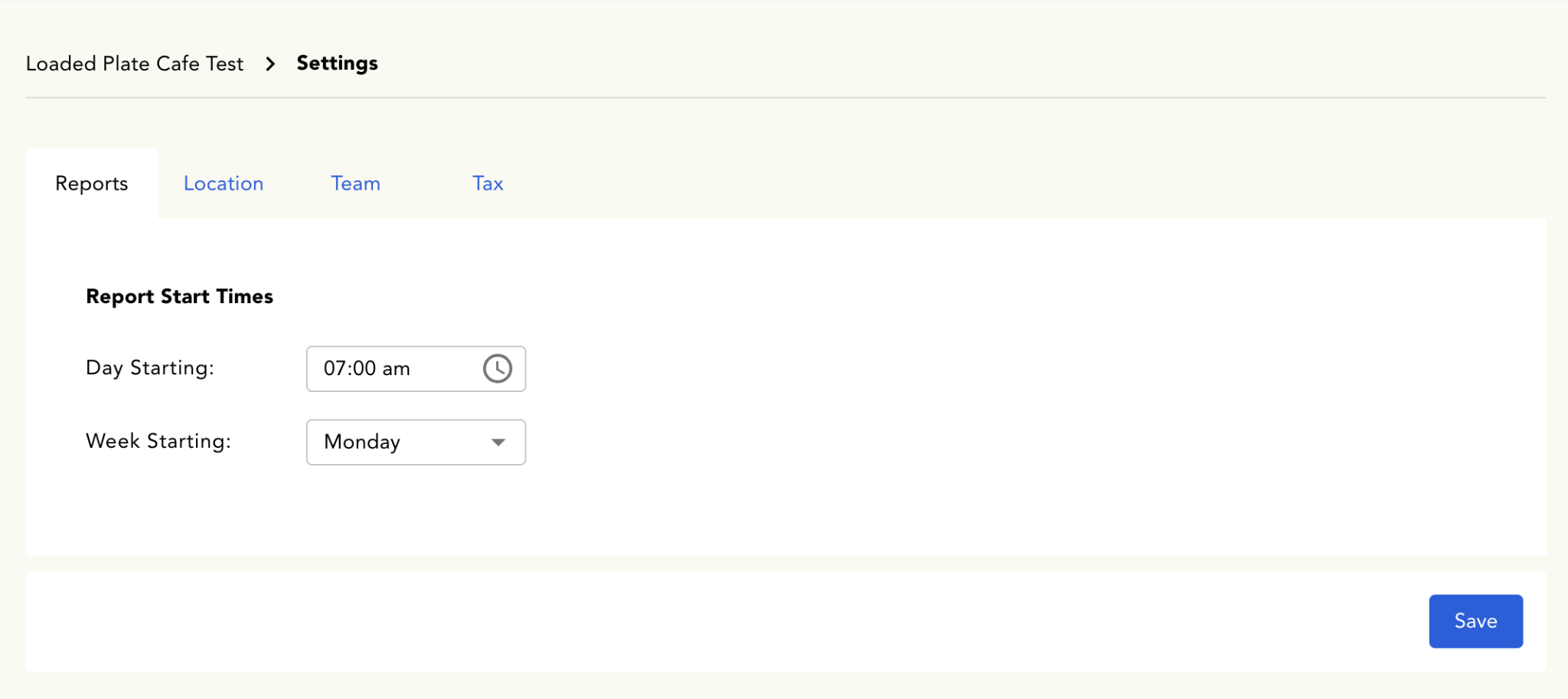 Reports settings tab showing day starting time and week starting day