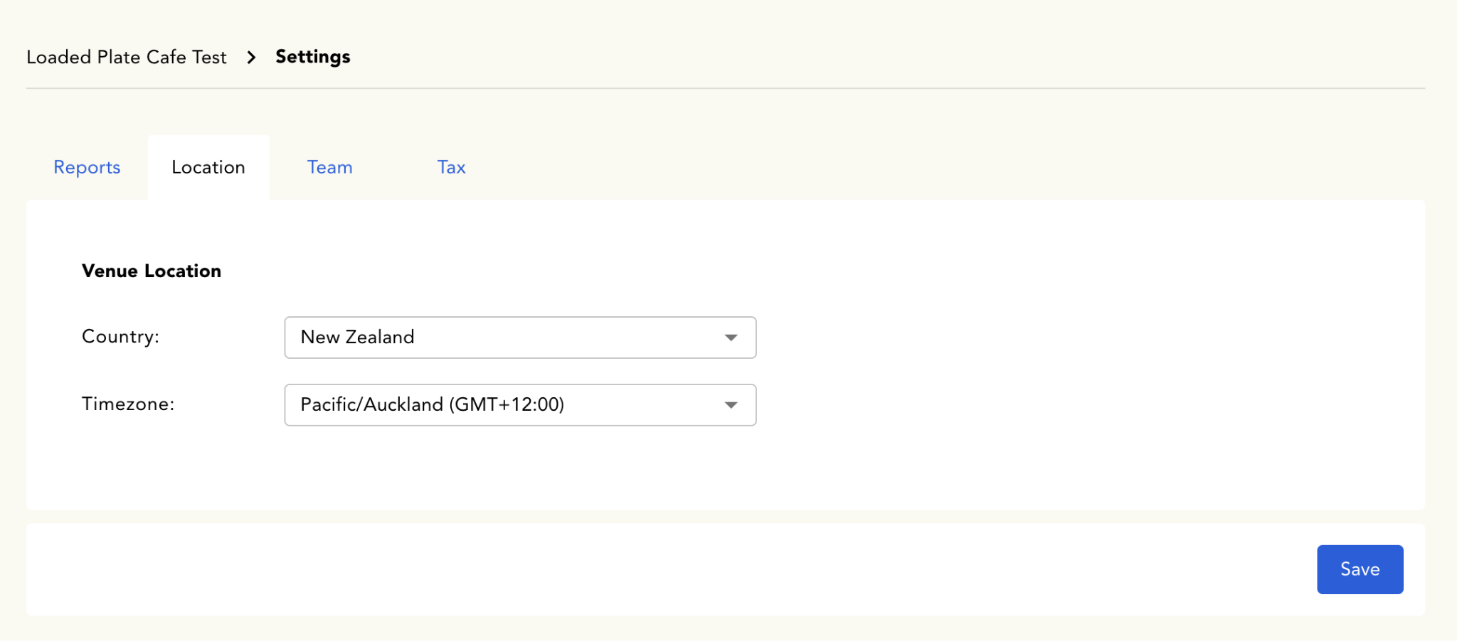 Location settings tab showing country and timezone
