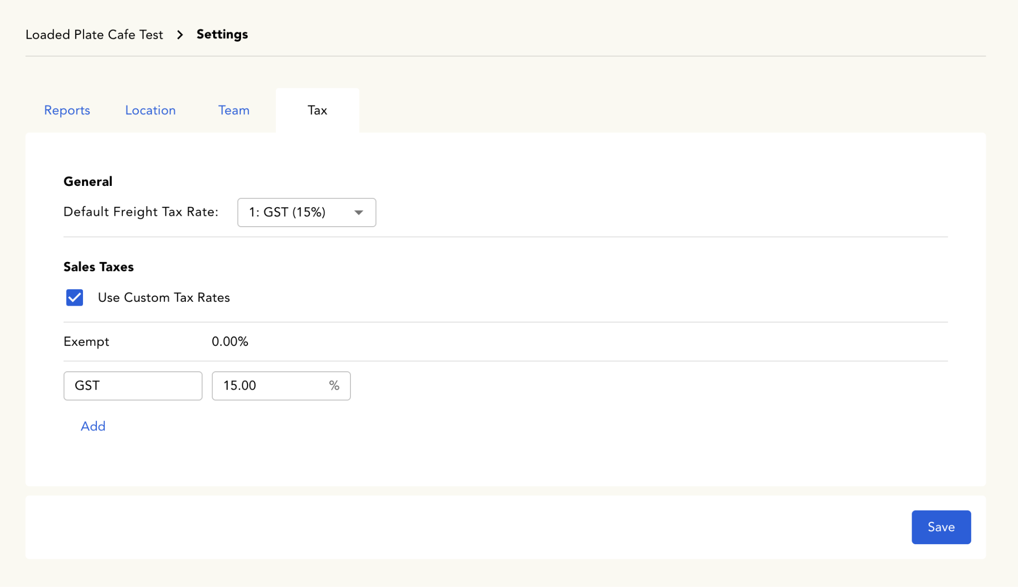 Tax settings tab with custom tax rates