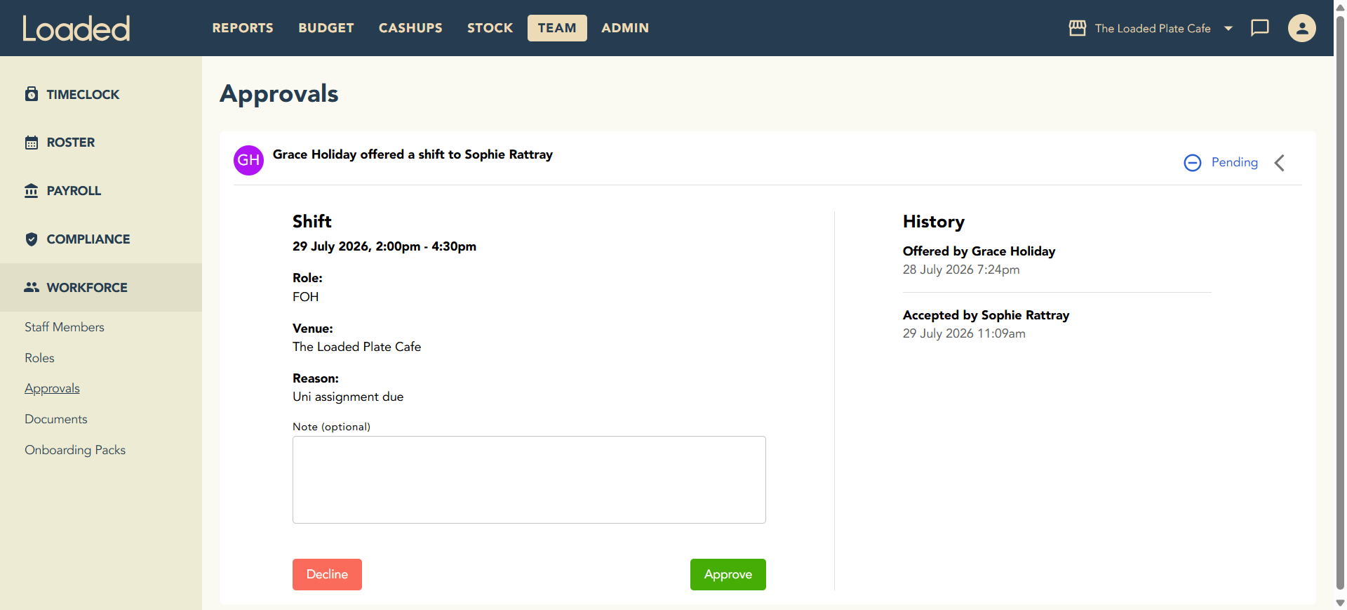 Reviewing a shift swap request to approve or decline