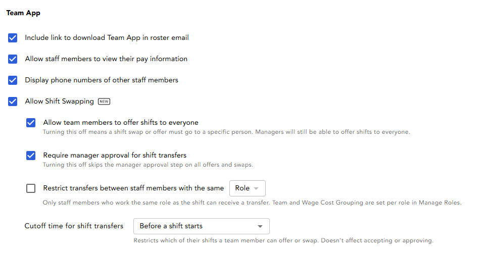 Team App settings for shift swapping in Venue Settings