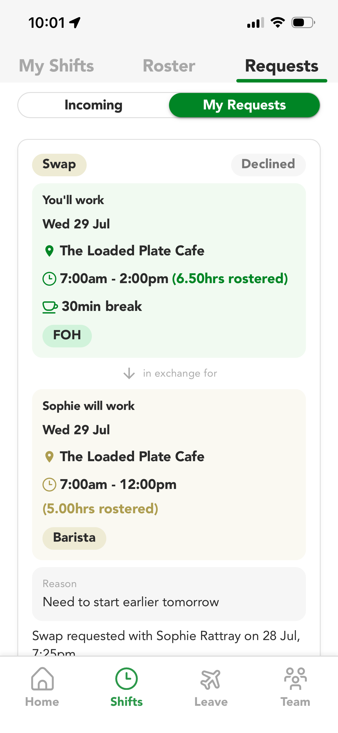 Shift requests list showing offer and swap status tags
