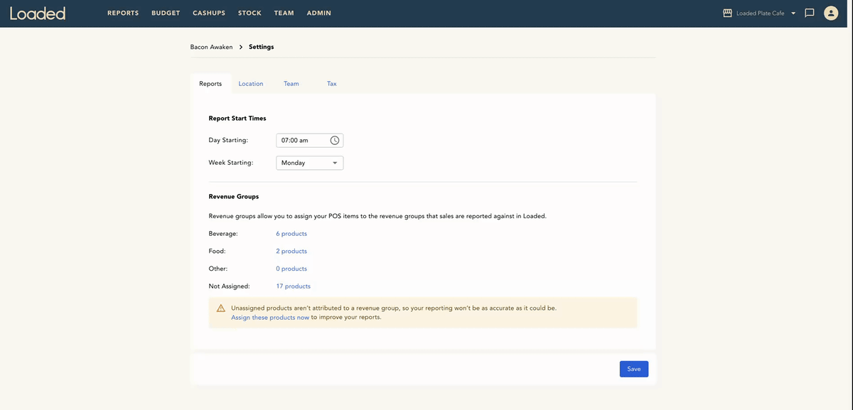 Assigning POS items to revenue groups in Loaded