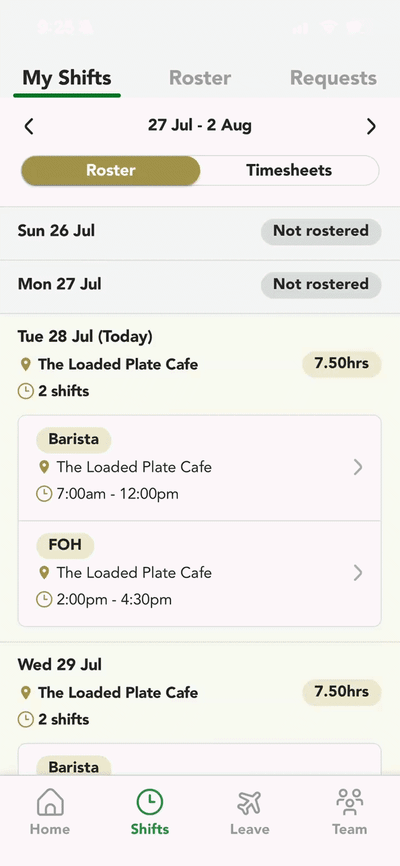 Swapping a shift with another team member in the Team App