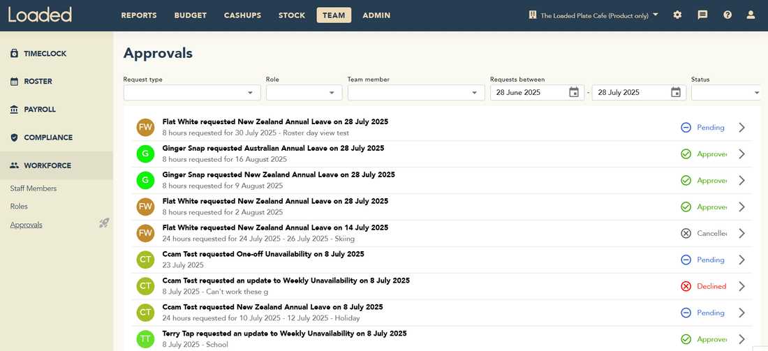 Approving a leave or availability request on the Approvals page