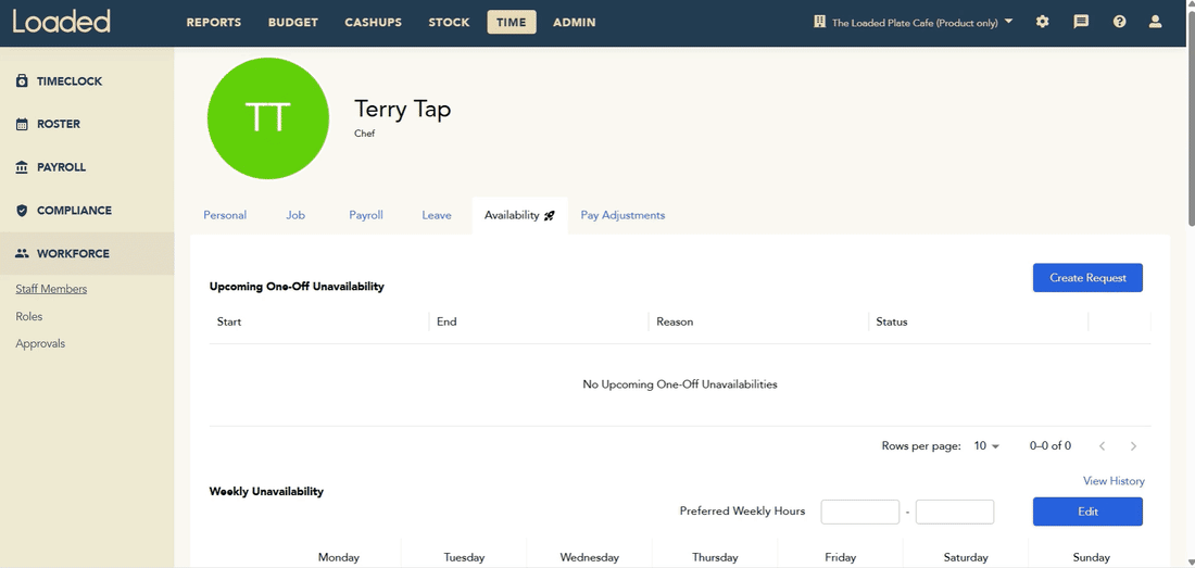 Creating a one-off unavailability request in Loaded