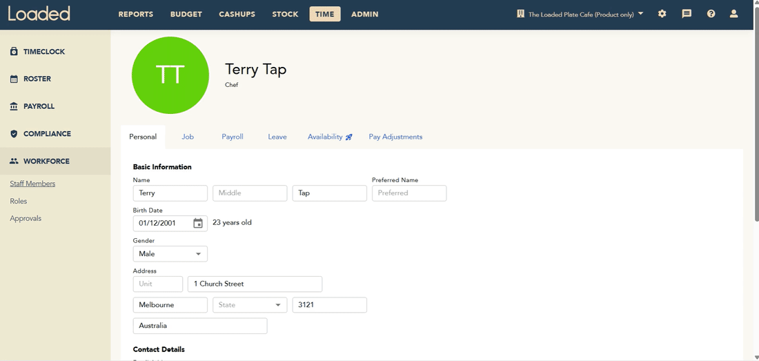 Creating a leave request for a staff member in Loaded Hub