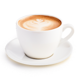 White cup of cappuccino with latte art on a matching saucer.