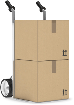 Two stacked cardboard boxes on a hand truck with black handles and wheels.