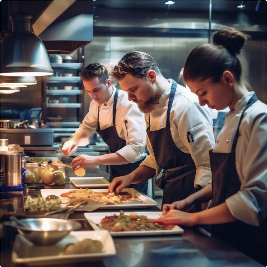 Three chefs wearing aprons carefully plating gourmet dishes in a professional kitchen.