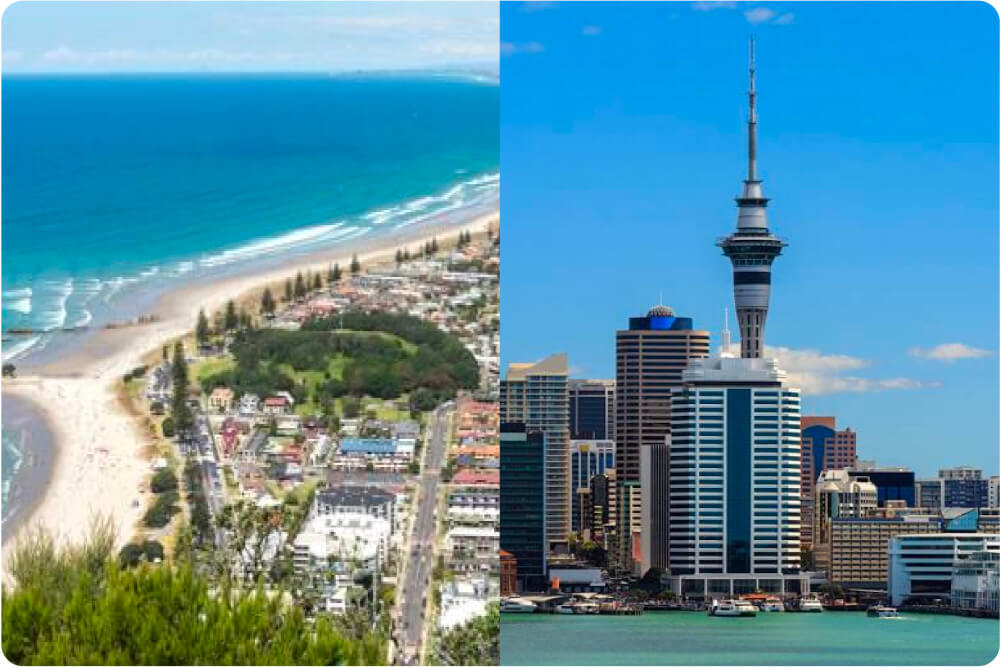 Split image showing a coastal town with sandy beach and houses on the left, and a city skyline with tall buildings including the Sky Tower on the right.
