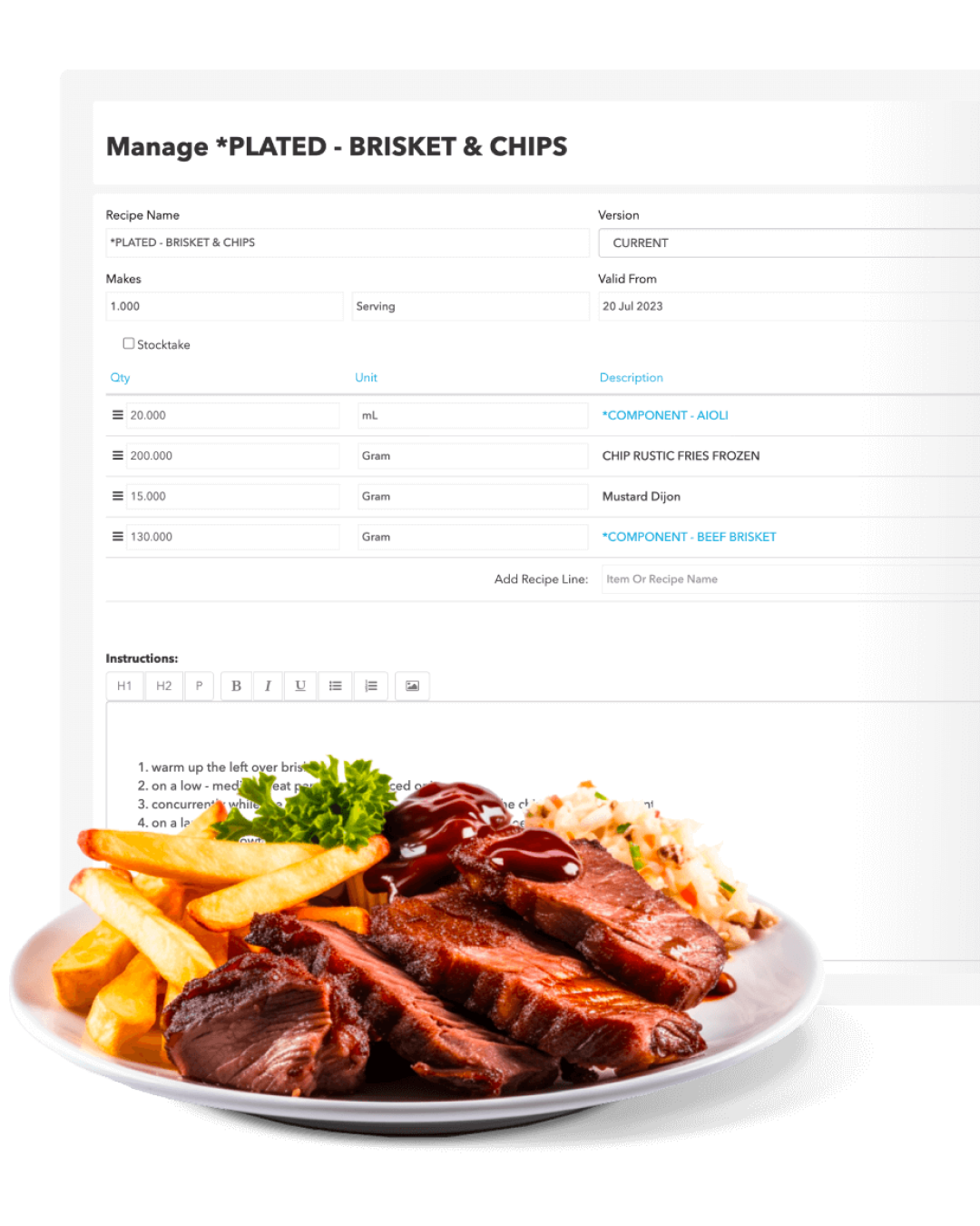 Plate of sliced beef brisket with barbecue sauce, rustic fries, coleslaw, and parsley in front of a digital recipe management screen for Plated Brisket & Chips.