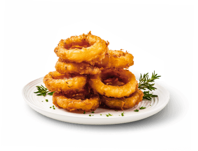 Stack of crispy golden-brown onion rings on a white plate garnished with rosemary and chopped herbs.