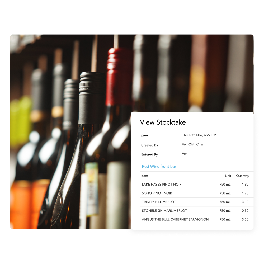 Close-up of wine bottles lined up with an overlay showing a stocktake list of red wines including types, unit volume, and quantities.