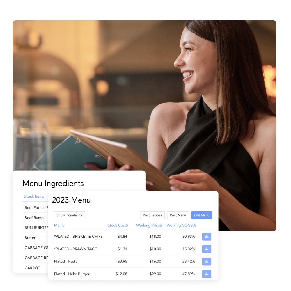 Smiling woman in a black dress holding a menu, with overlay showing a 2023 menu and menu ingredients with stock costs and pricing details.