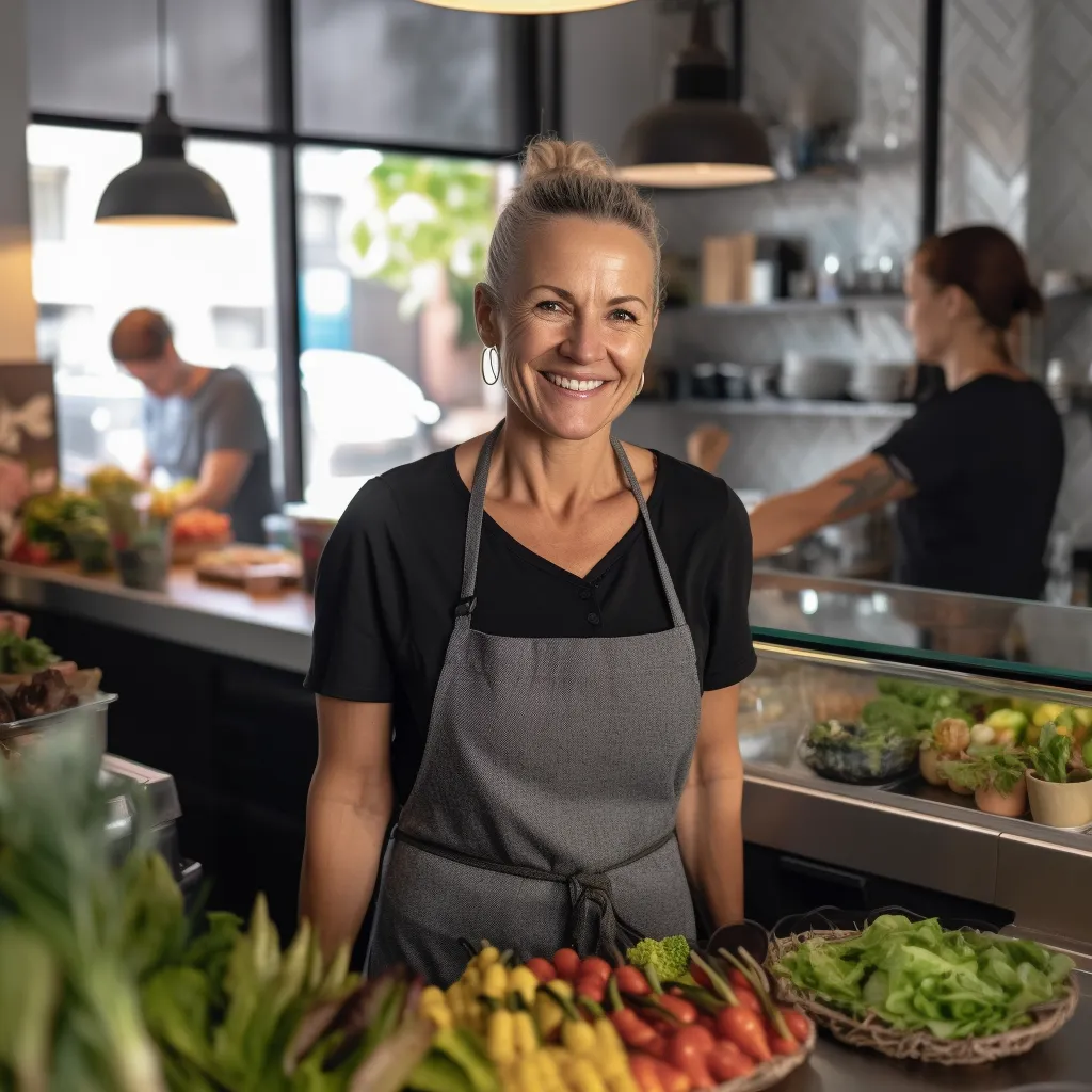Smiling woman in apron standing behind a fresh vegetable stall in a market or store.
