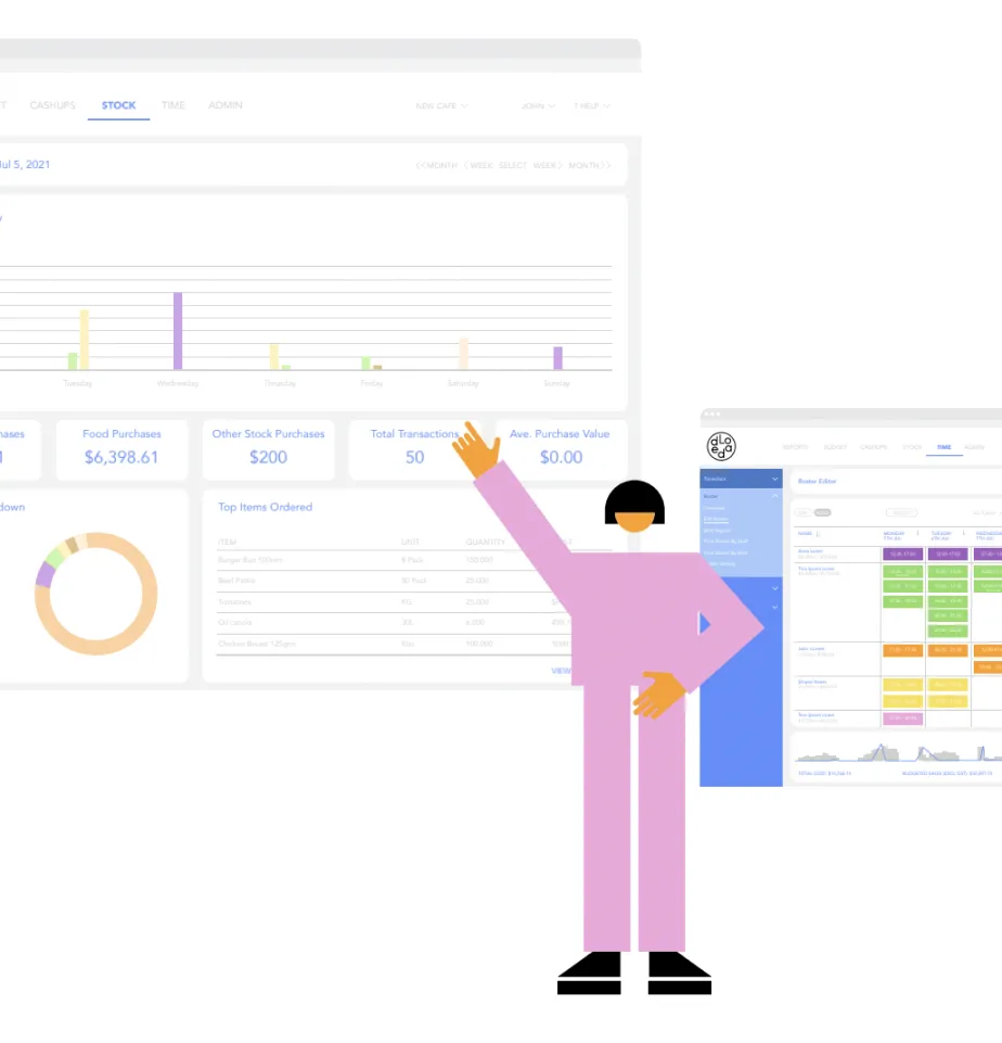 Illustration of a person in pink pointing at a software dashboard displaying stock, purchases, and transactions data with charts and tables.