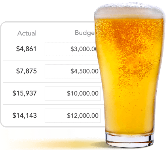 Tall glass of beer with foam on top in front of a budget comparison table showing actual and budgeted amounts in dollars.