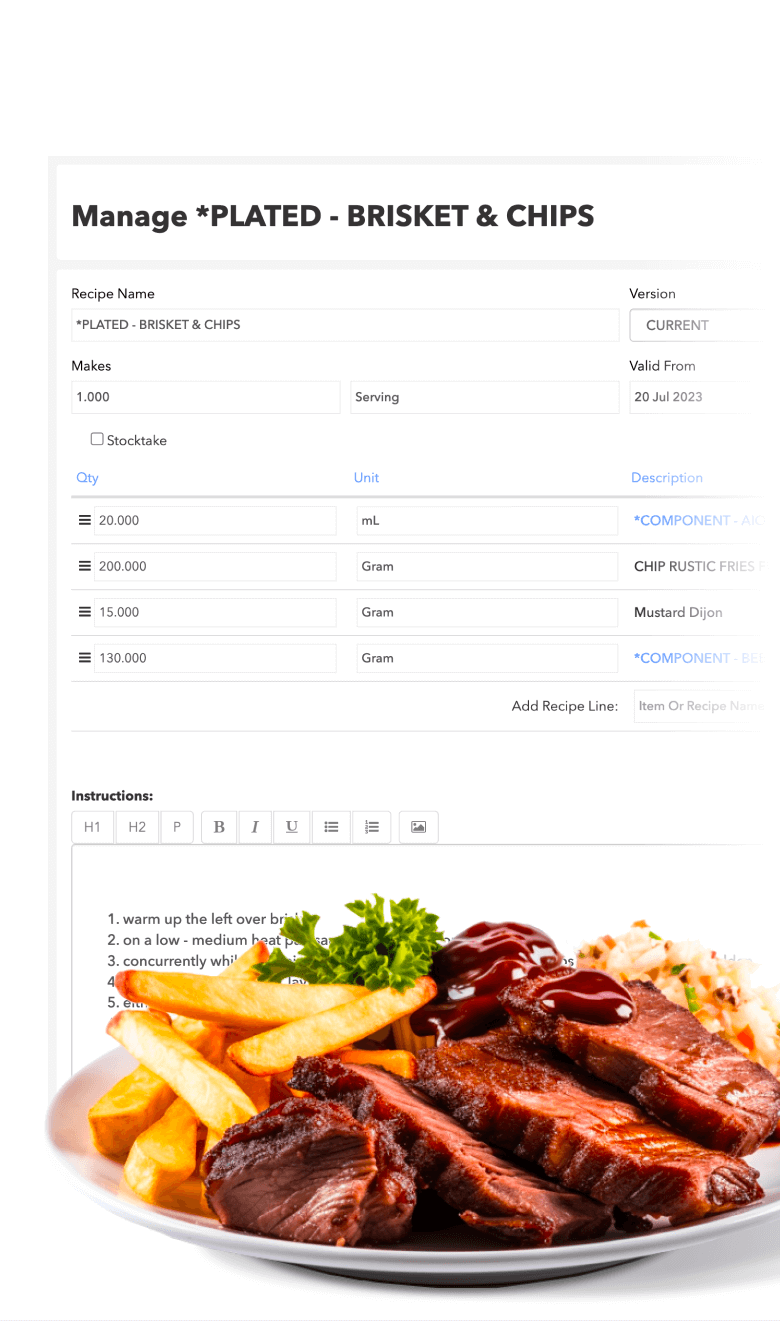 Plate of sliced brisket with barbecue sauce, French fries, and a garnish of parsley, set against a screen showing a recipe management interface for brisket and chips.