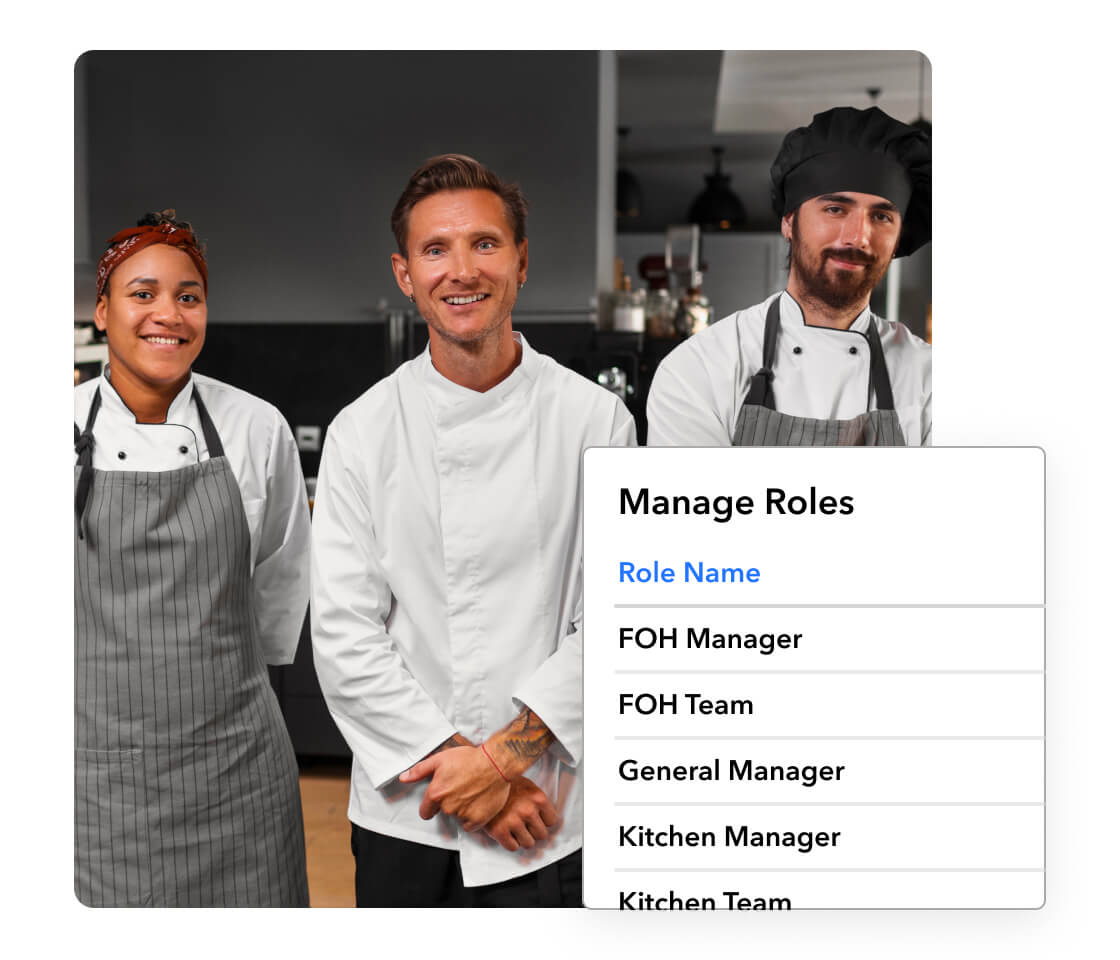 Three smiling professional chefs in kitchen uniforms standing side by side with a digital overlay showing a manage roles menu listing kitchen and front of house positions.