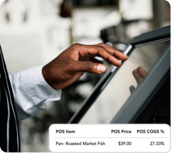 Hand interacting with a touchscreen POS system displaying an item: Pan-Roasted Market Fish priced at $39.00 with a 27.33% cost of goods sold.