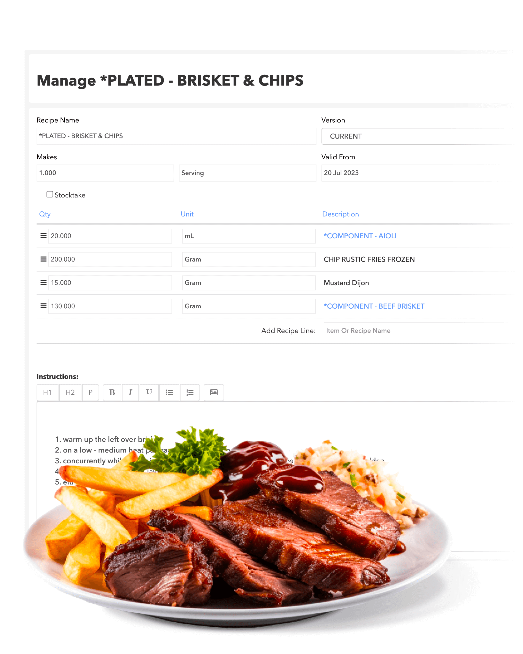 Plate with slices of beef brisket topped with barbecue sauce, rustic fries, coleslaw, and a parsley garnish.