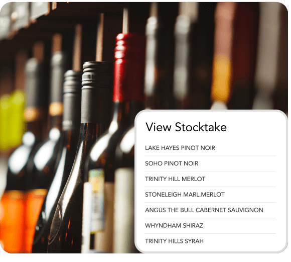 Row of wine bottles on a shelf with an overlay listing wine stock including Pinot Noir, Merlot, Cabernet Sauvignon, Shiraz, and Syrah.