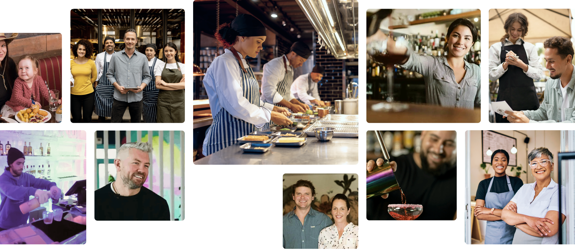 Collage of diverse restaurant staff and patrons including chefs preparing food, bartenders pouring drinks, servers taking orders, and smiling customers in various casual dining settings.