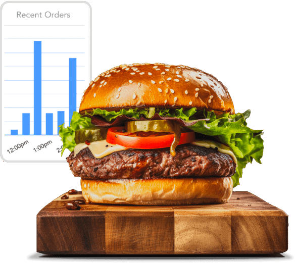Juicy cheeseburger with lettuce, tomato, pickles, and pepper on a sesame seed bun placed on a wooden cutting board with a transparent bar chart labeled Recent Orders in the background.
