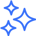 Three blue sparkle or star shapes of varying sizes on white background.